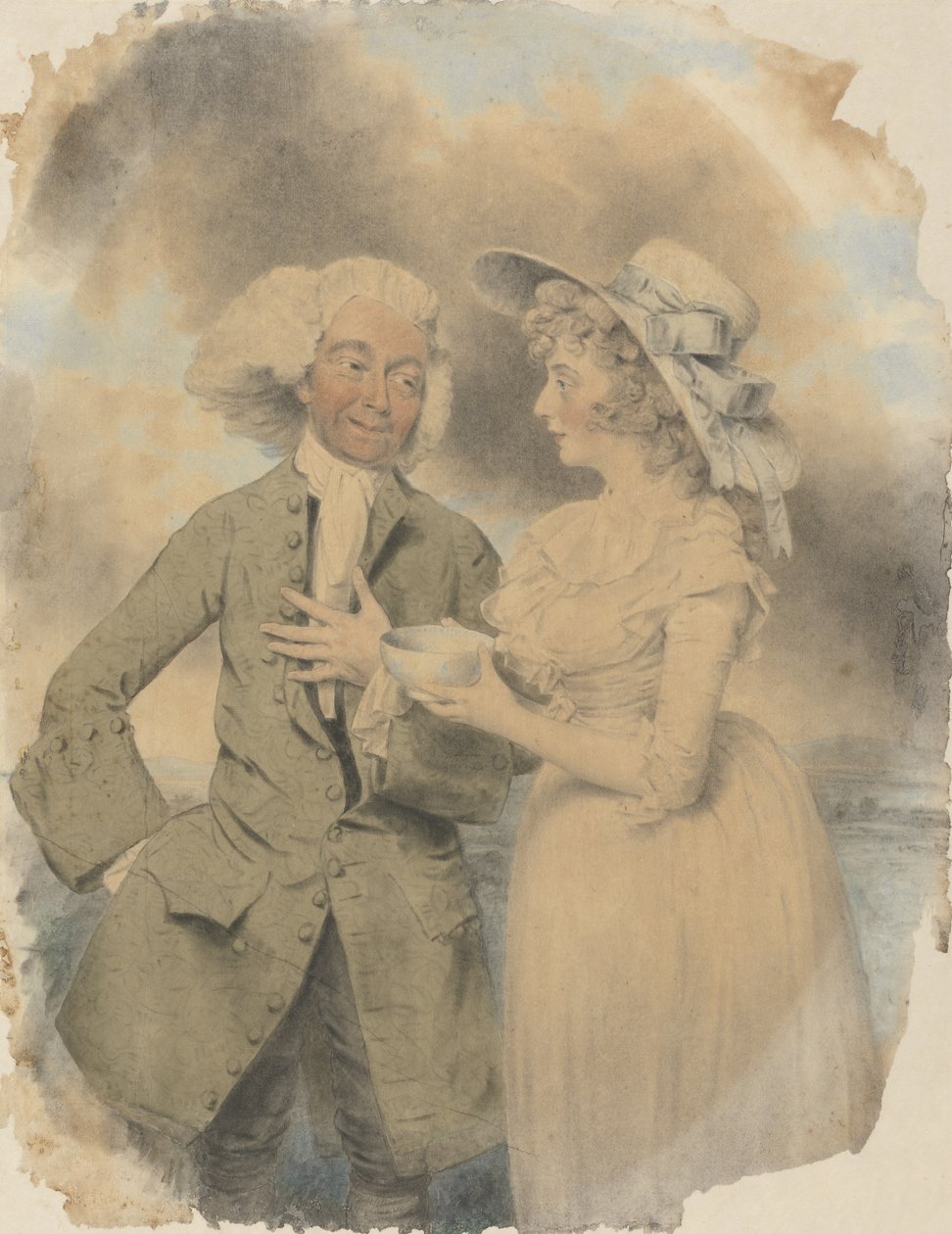 John Edwin i pani Wells jako Lingo and Cowslip in the Agreeable Surprise, 1787 (toaleta i kolor nadwozia i czarna kreda na papierze wykładanym) autorstwa John Downman