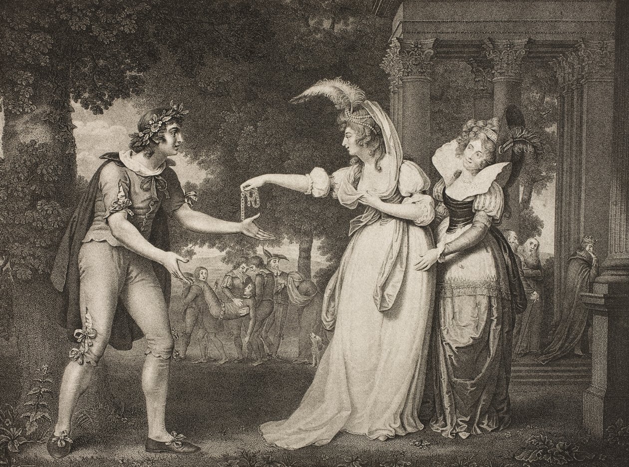 Trawnik przed pałacem książęcym, akt I, scena II, z „Jak wam się podoba”, z The Boydell Shakespeare Gallery, wydana pod koniec XIX wieku autorstwa John Downman