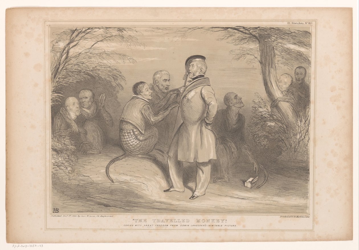 Lord Palmerston w het land van de apen Podróżująca małpa. Skopiowane z dużą swobodą z niepowtarzalnego obrazu Edwina Landseera (tytuł na obiekcie) HB Sketches (tytuł serii na obiekcie) autorstwa John Doyle