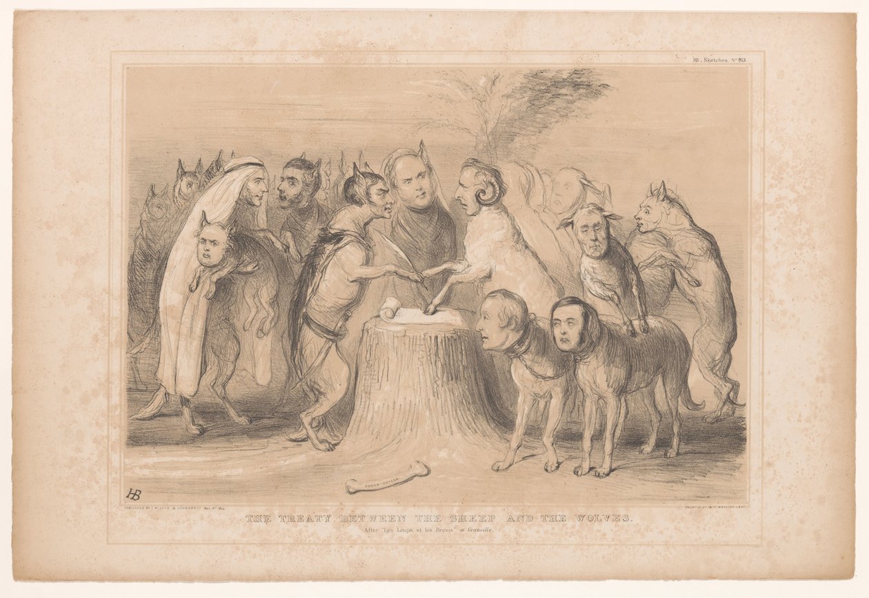 Pakt tussen de wolven en de schapen Traktat między owcami a wilkami. Po Les Loups et les Brevis z Granville (tytuł na obiekcie) HB Sketches (tytuł serii na obiekcie) autorstwa John Doyle