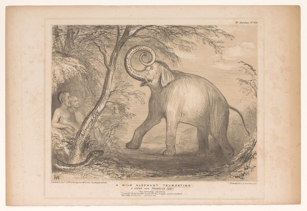 Spotprent spotkał Lorda Ellenborough als een wilde olifant Trąbienie dzikiego słonia. Scena z raju utraconego! (tytuł na obiekcie) HB Sketches (tytuł serii na obiekcie) autorstwa John Doyle