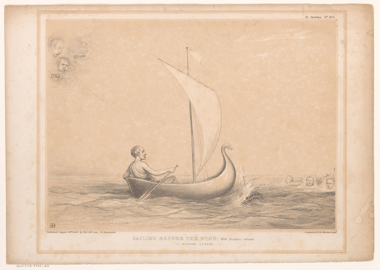 Spotprent spotkał Lorda Russella w een zeilboot Żeglując pod wiatr, Z Breakers przed sobą. Wąska ucieczka (tytuł na obiekcie) HB Sketches (tytuł serii na obiekcie) autorstwa John Doyle