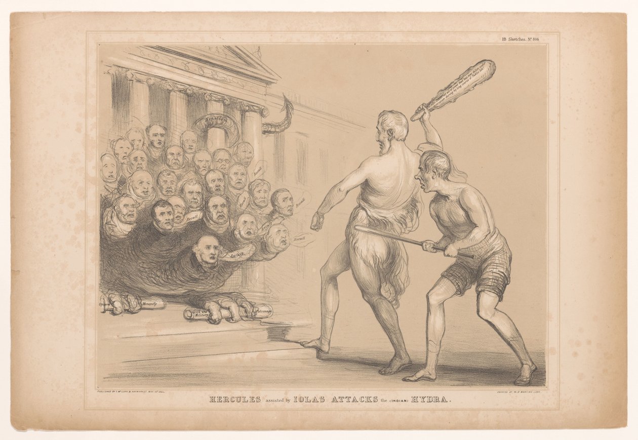 Spotprent spotkał Wellington als Hercules Herkules, wspomagany przez Iolasa, atakuje (indyjską) Hydrę (tytuł na obiekcie) HB Sketches (tytuł serii na obiekcie) autorstwa John Doyle