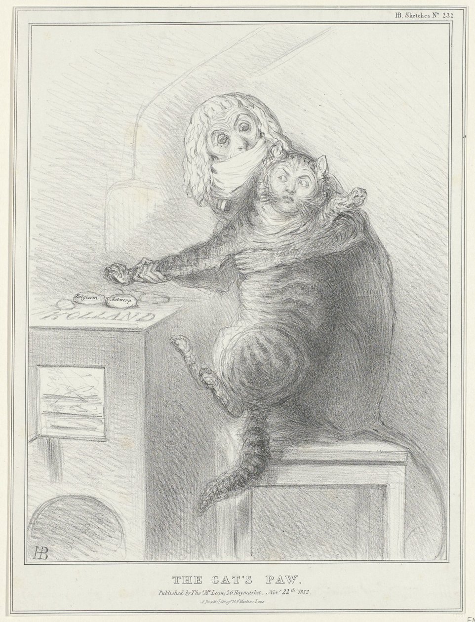 Spotprent op Talleyrand en Palmerston, 1832 Kocia łapa (tytuł na obiekcie) Szkice polityczne (tytuł serii) autorstwa John Doyle