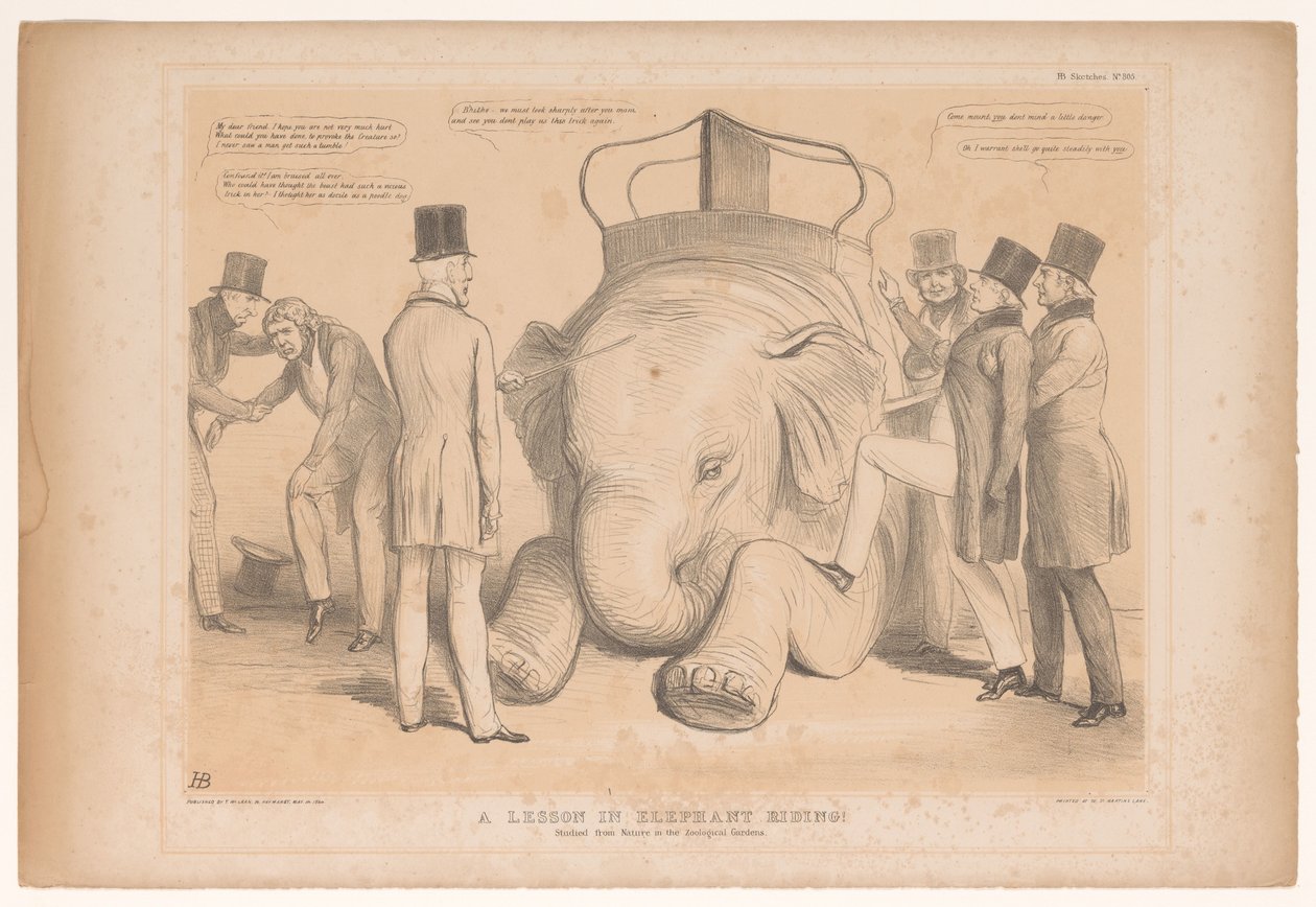 Spotkanie nad de aanstelling van Henry Hardinge als gouverneur van India Lekcja jazdy na słoniach! Studiował z natury w ogrodach zoologicznych (tytuł na obiekcie) HB Sketches (tytuł serii na obiekcie) autorstwa John Doyle
