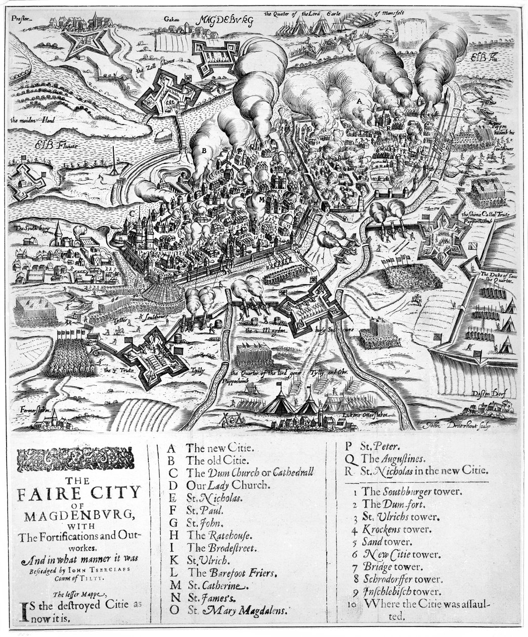 Miasto Faire Magdenburg z fortyfikacjami i szatniami. A w jaki sposób był oblegany przez Jana Tserclaesa hrabiego Tilty, 1631 autorstwa John Droeshout