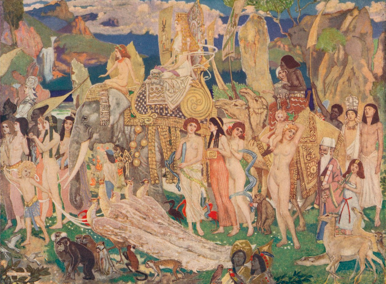 Kość słoniowa, małpy i pawie Królowa Saby, ok. 1909 r. autorstwa John Duncan