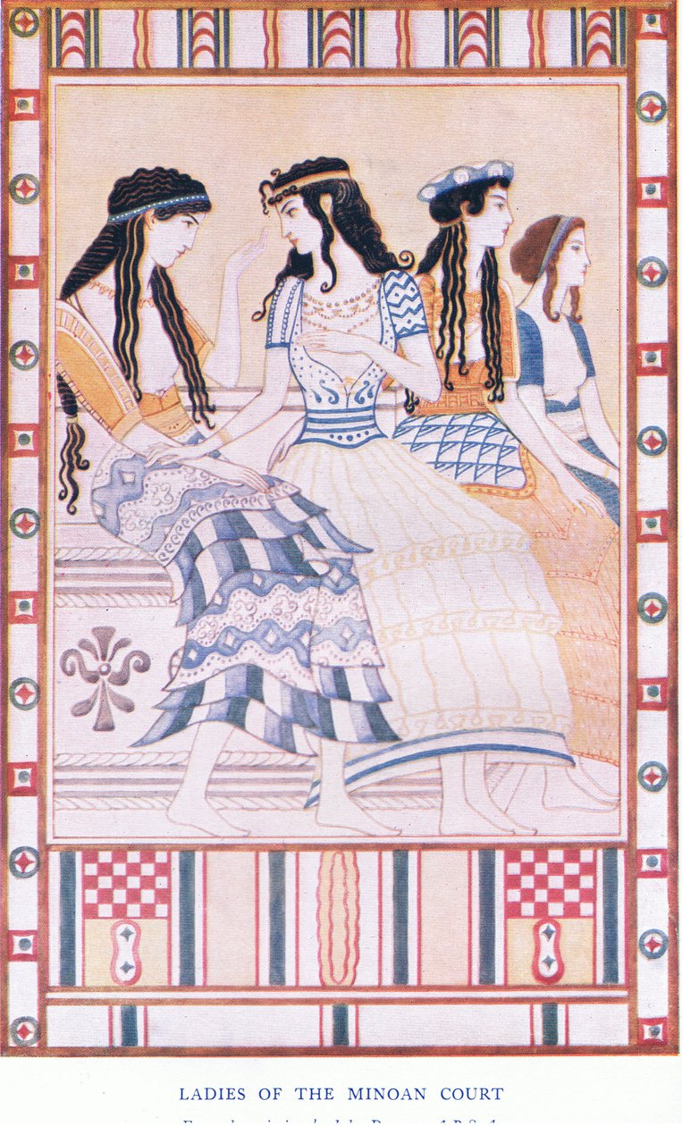 Damy dworu minojskiego, ilustracja z pubu Myths of Crete and Pre-Hellenic Europe. przez Gresham Publishing Company Limited 1920 (kolor lito) autorstwa John Duncan