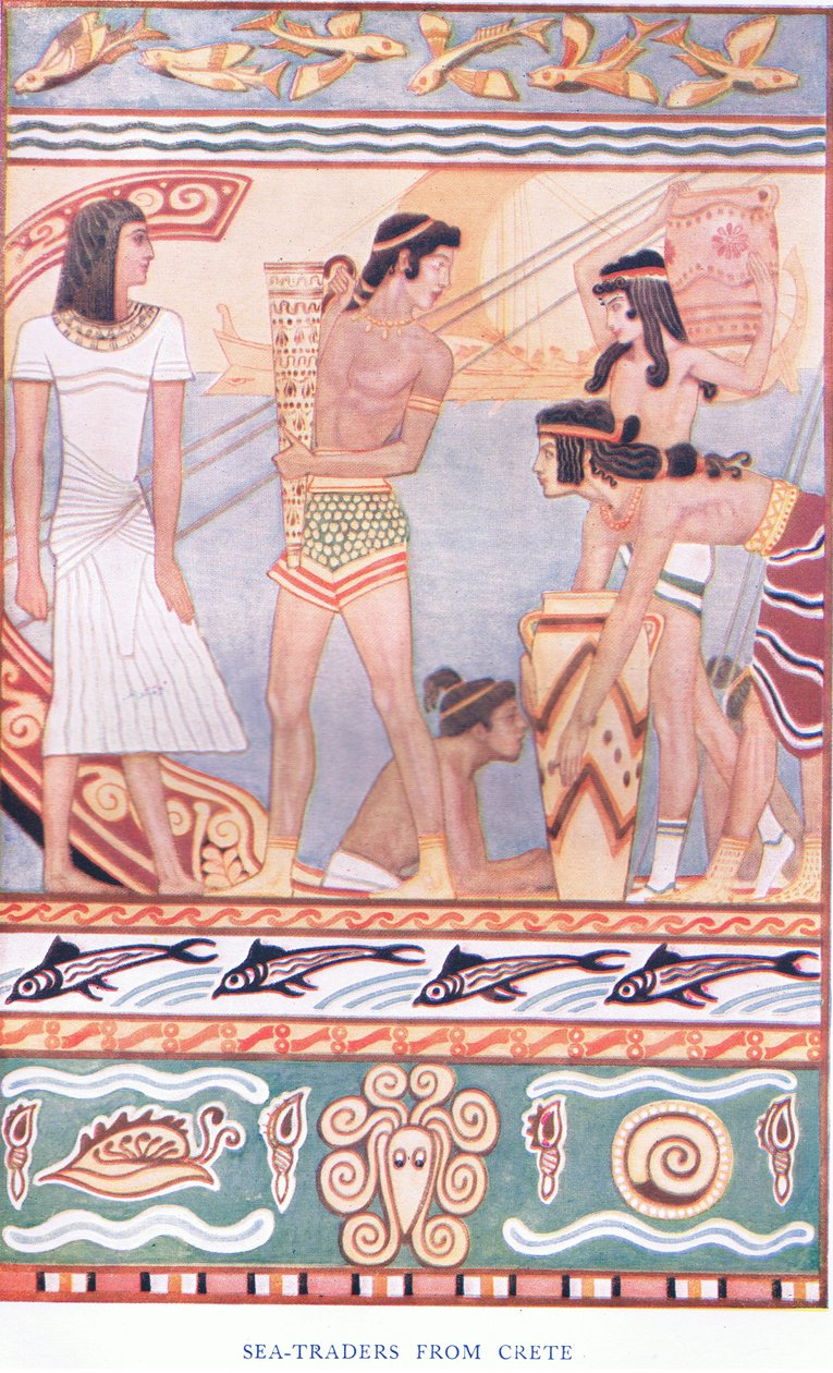 Handlarze morscy z Krety, ilustracja z pubu Myths of Crete i Pre-Hellenic Europe. przez Gresham Publishing Company Limited 1920 autorstwa John Duncan