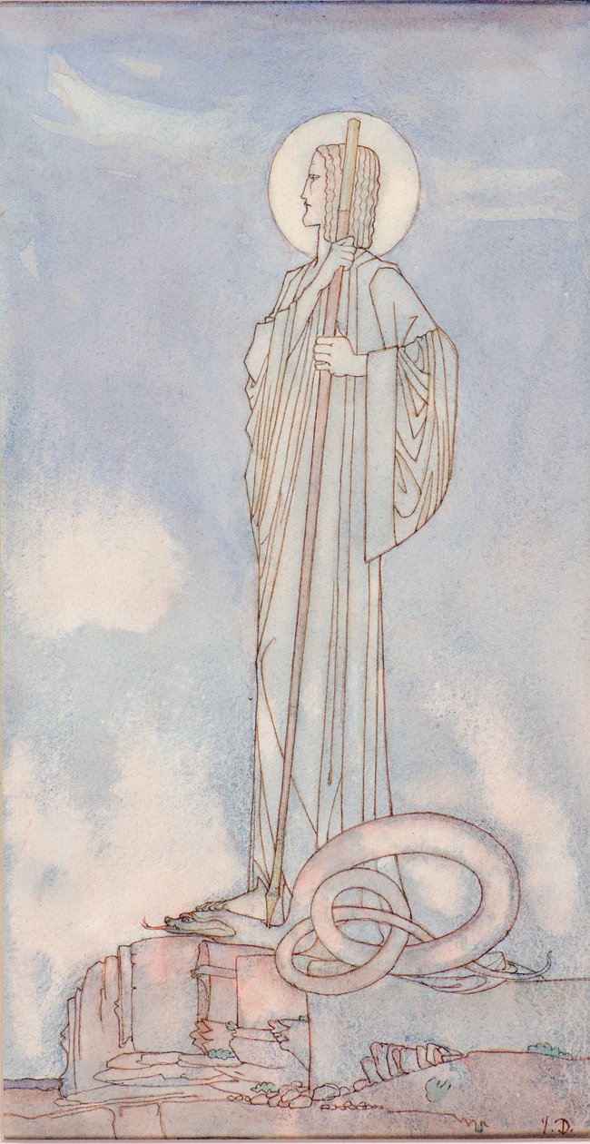 Św. Jerzy i smok (pióro i atrament) autorstwa John Duncan