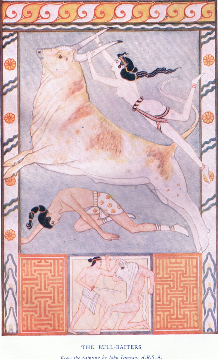 The Bull Baiters, ilustracja z pubu Myths of Crete and Pre-Hellenic Europe. przez Gresham Publishing Company Limited 1920 autorstwa John Duncan