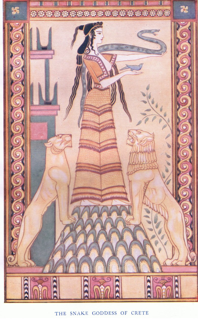 Wężowa bogini Krety, ilustracja z pubu Myths of Crete and Pre-Hellenic Europe. przez Gresham Publishing Company Limited 1920 autorstwa John Duncan