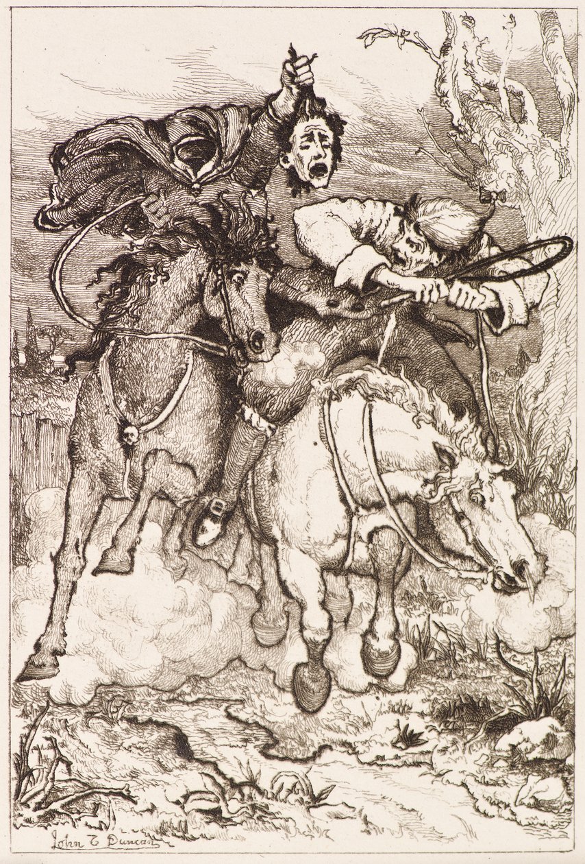 Dwóch galopujących jeźdźców [jeden z własną głową] (akwaforta) autorstwa John Duncan