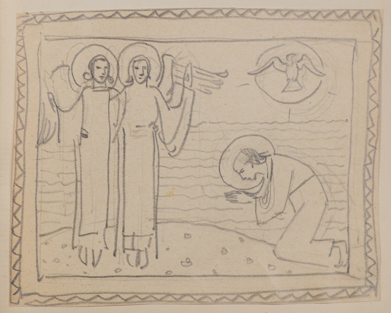Bez tytułu [Klęcząca figura i dwa anioły] (ołówek) autorstwa John Duncan