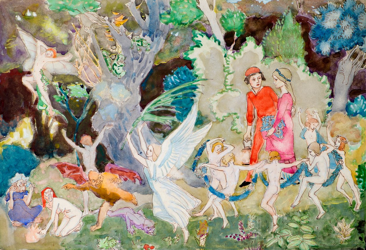 Yorinda i Yoringel w lesie czarownic (akwarela) autorstwa John Duncan