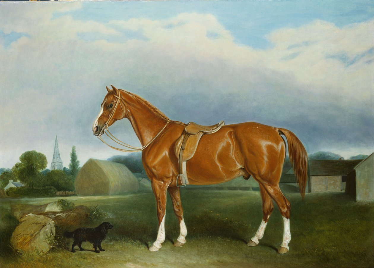 Łowca kasztanów i spaniel według Farm Buildings autorstwa John E. Ferneley