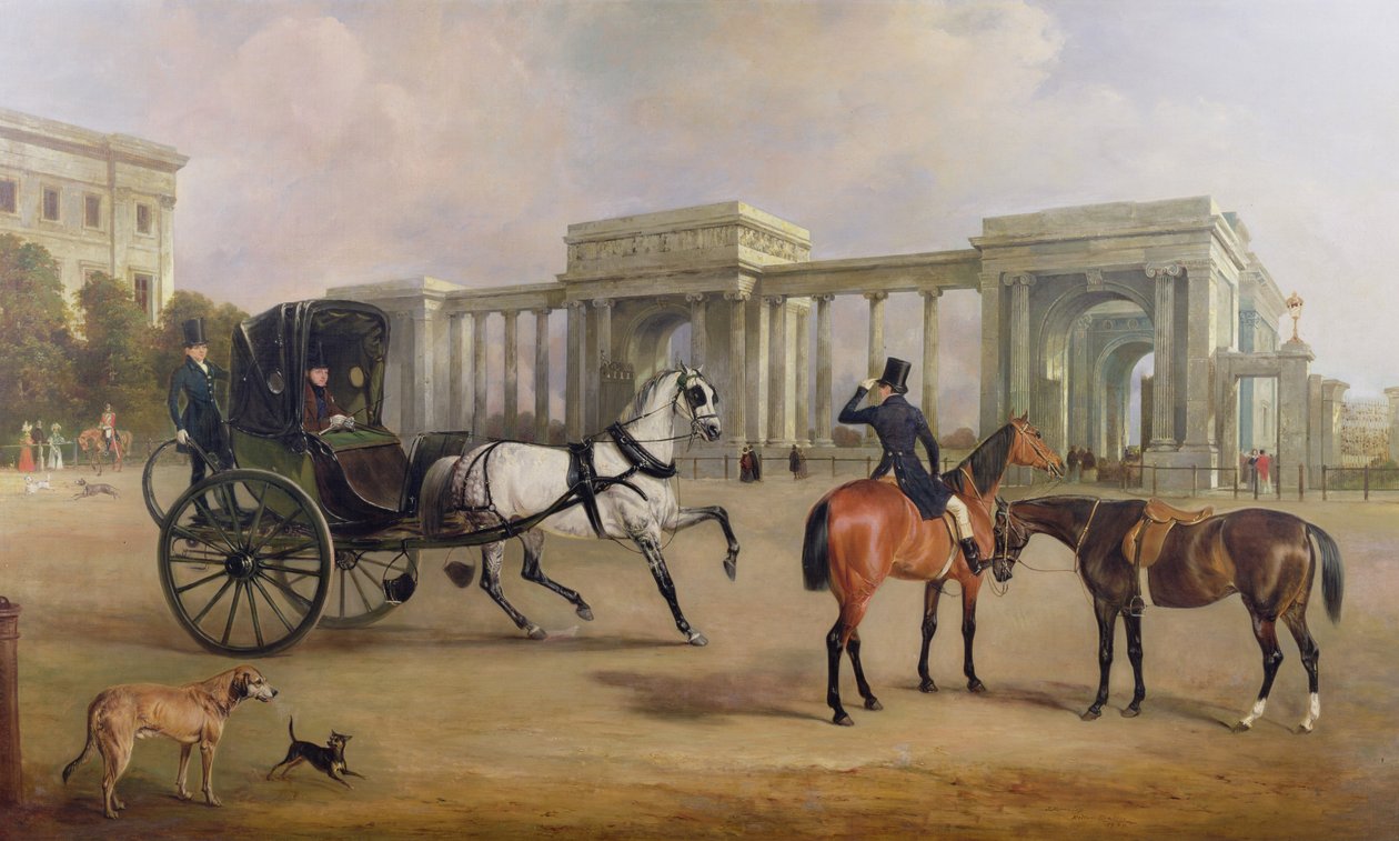 Pan Massey Stanley z kabrioletem i wozami na Hyde Park Corner, 1833 r. autorstwa John E. Ferneley
