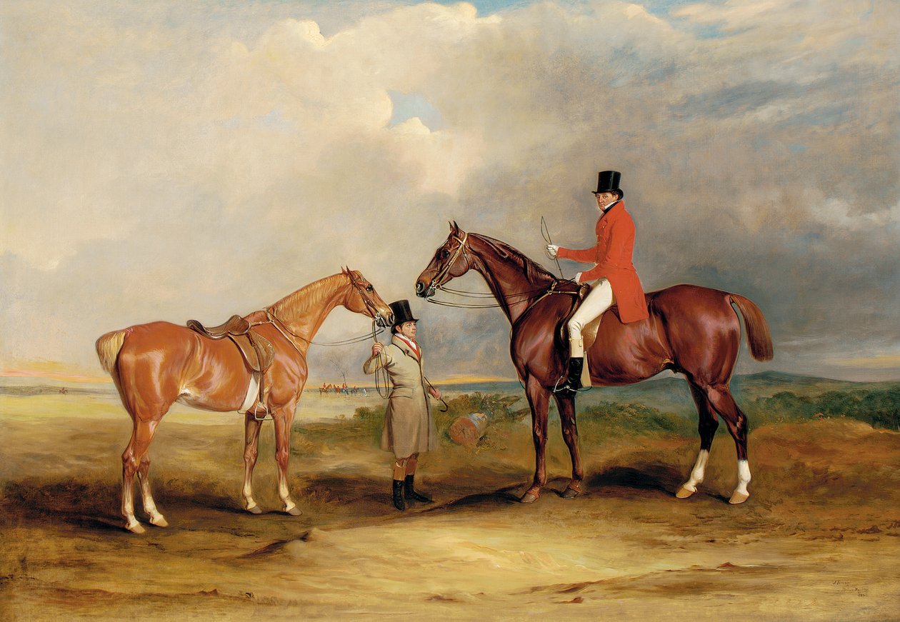Portret Johna Drummonda na myśliwym z stajennym trzymającym drugiego konia, w krajobrazie, polowanie poza nim, 1831 autorstwa John E. Ferneley