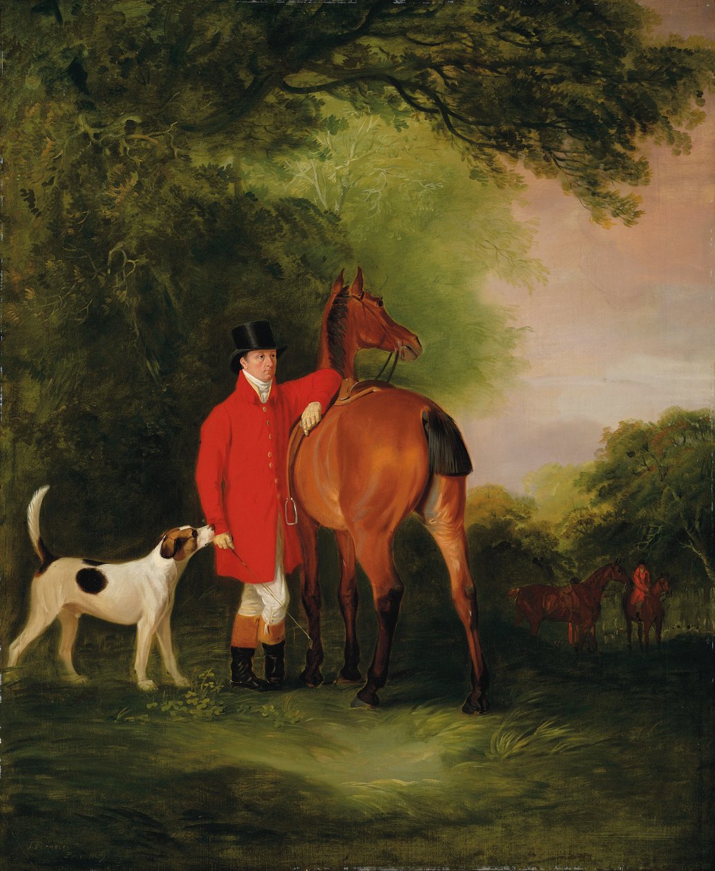 Portret lorda Lismore w płaszczu myśliwskim ze swoim gniadym łowcą i ogarem, w krajobrazie, za plecami myśliwskich autorstwa John E. Ferneley