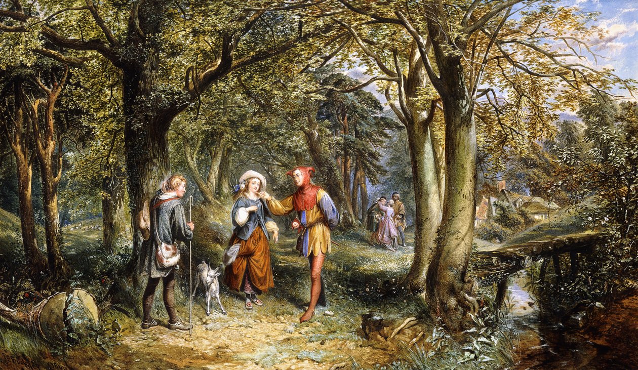 Scena z „Jak ci się podoba”: Rosalind, Celia i Jacques w Lesie Arden, 1864 autorstwa John Edmund Buckley