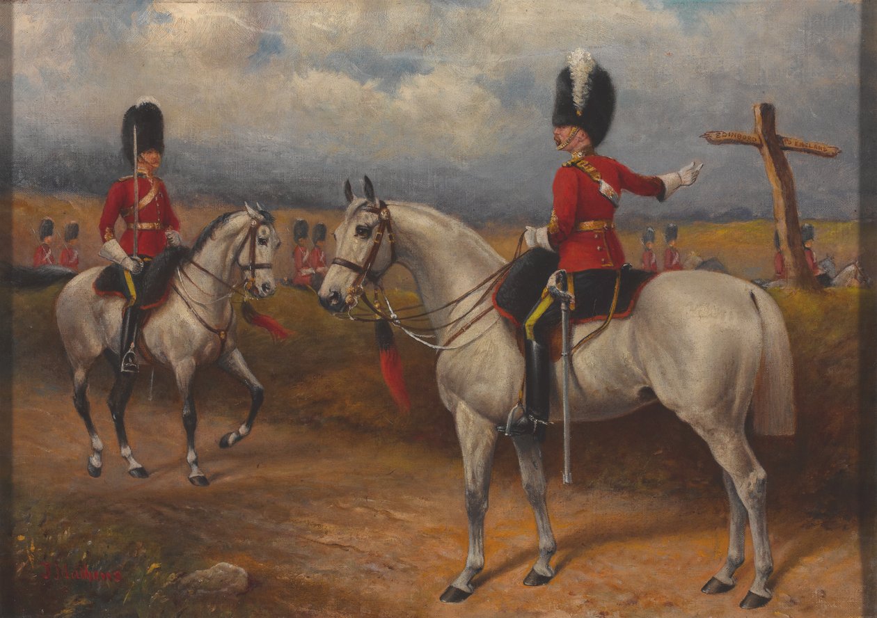 Dwóch konnych oficerów 2. pułku Dragonów (Royal Scots Greys) autorstwa John Edward Chapman Mathews