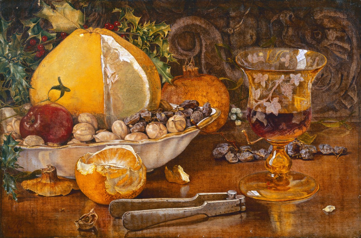 Martwa natura z owocami, orzechami i kieliszkiem do wina, 1864 autorstwa John Edward Newton