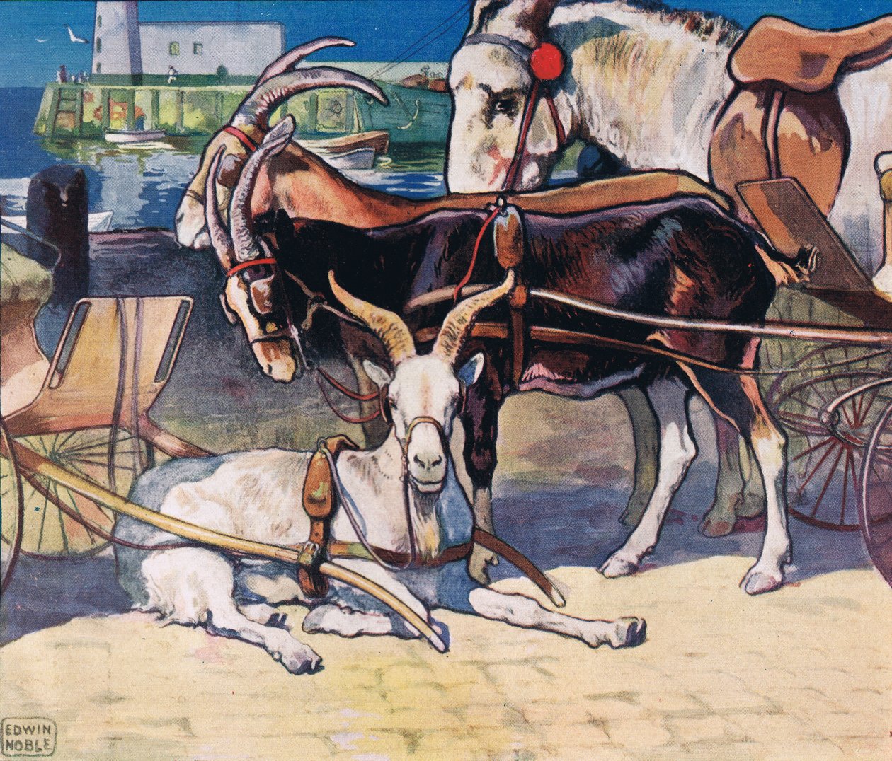 Kozy odpoczywające, ilustracja z „Pomocnicy bez rąk” Gladys Davidson, wydanej w 1919 r. (kolor litho) autorstwa John Edwin Noble