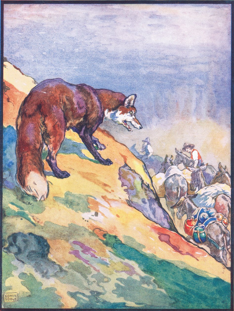 „On Perceived Train of Patient Mules”, ilustracja do „Lisa i jego głupiego strachu” z „Animal Legends from Many Lands”, wydanej przez Raphael Tuck & Sons Ltd. (kolor litho) autorstwa John Edwin Noble