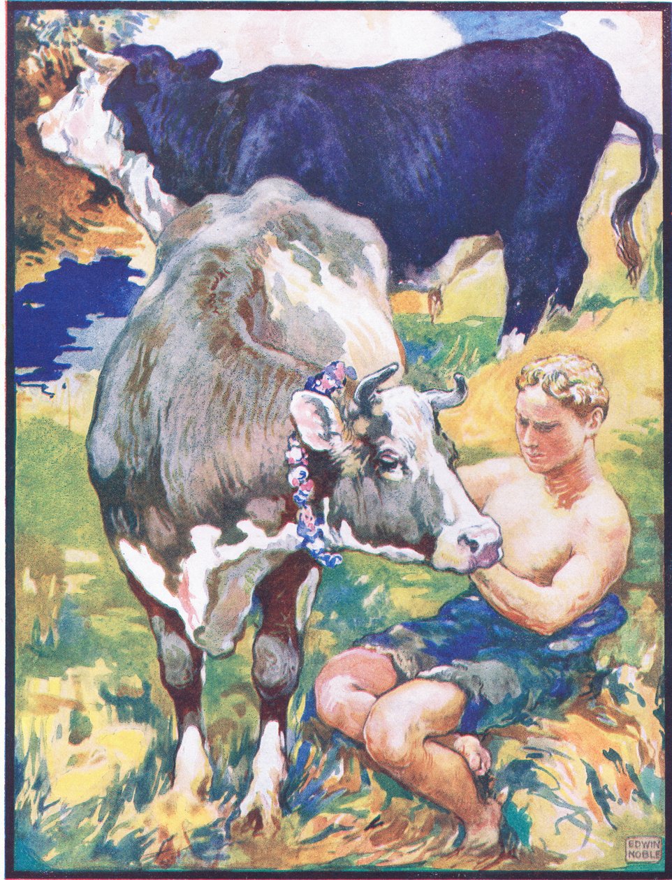 „Icoronata była ulubiona”, ilustracja do „Chiarino the Bull and the Ambitious Mule”, z „Animal Legends from Many Lands”, wydanej przez Raphael Tuck & Sons Ltd. (kolor litho) autorstwa John Edwin Noble