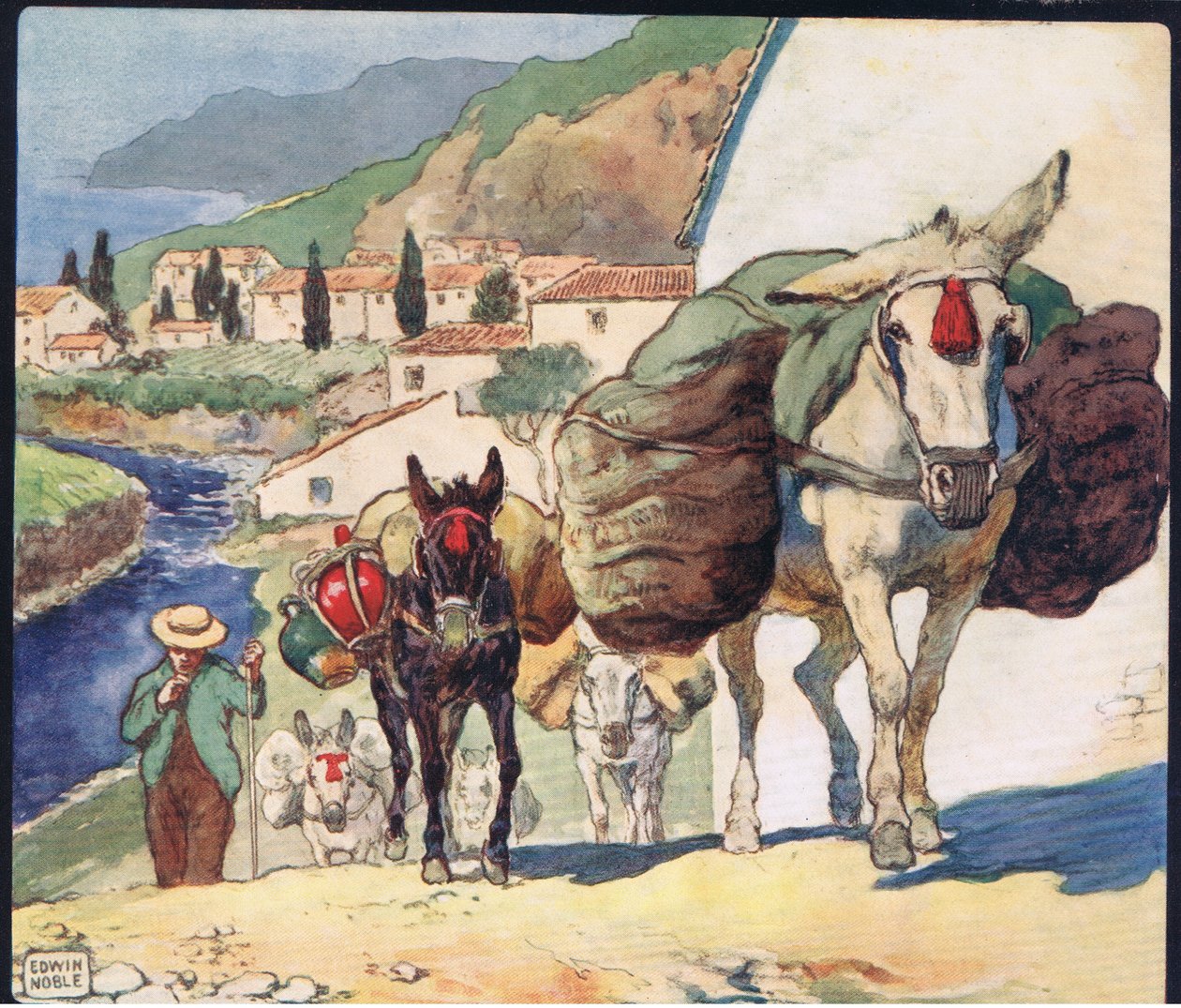 Muły na hiszpańskiej przełęczy, ilustracja z „Pomocnicy bez rąk” Gladys Davidson, wydanej w 1919 r. (kolor litho) autorstwa John Edwin Noble