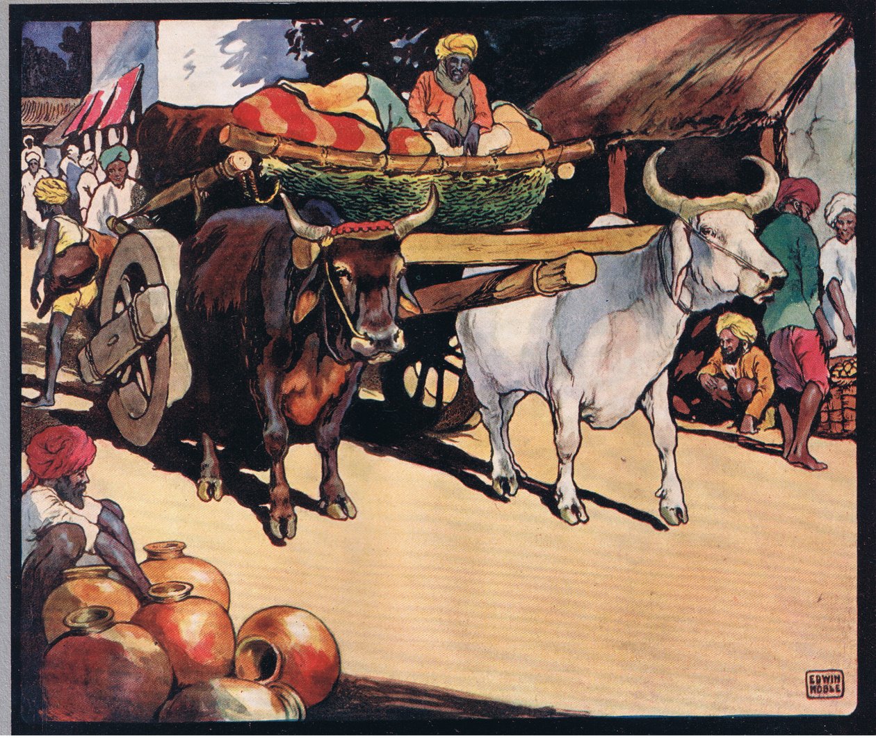 Woły ciągnące wóz, ilustracja z „Pomocnicy bez rąk” Gladys Davidson, wydanej w 1919 r. (kolor litho) autorstwa John Edwin Noble