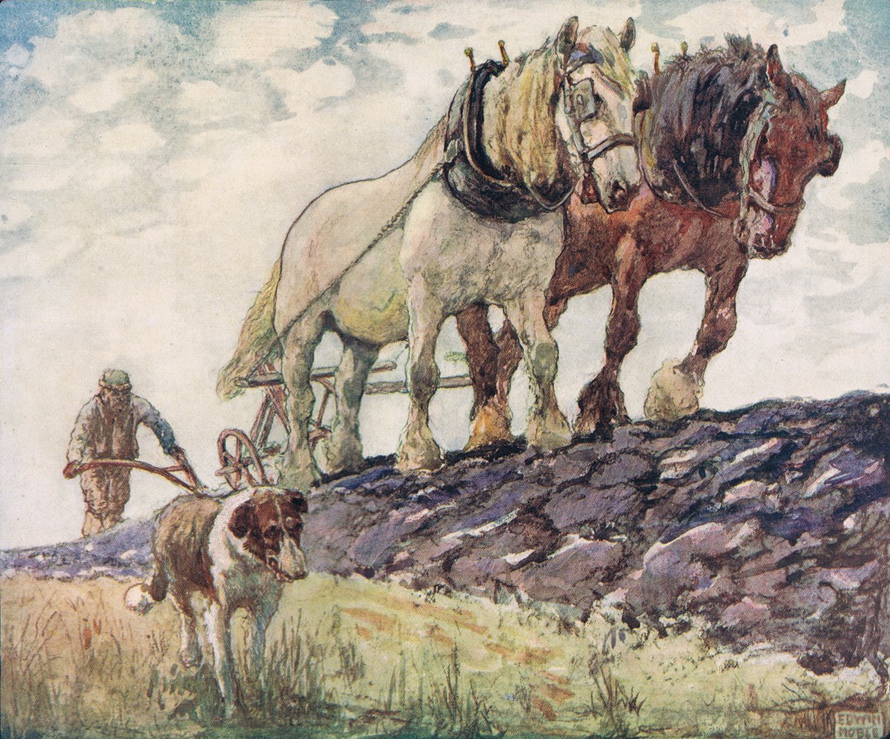Orka pola, ilustracja z „Pomocnicy bez rąk” Gladys Davidson, wydanej w 1919 r. (kolor litho) autorstwa John Edwin Noble