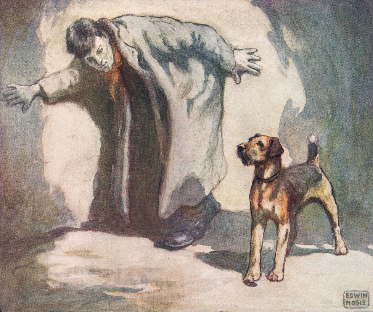 Pies policyjny przy pracy, ilustracja z „Pomocnicy bez rąk” Gladys Davidson, wydanej w 1919 r. (kolor lito) autorstwa John Edwin Noble
