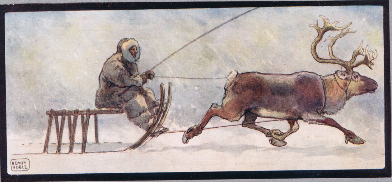 Renifer i sanie, ilustracja z „Pomocnicy bez rąk” Gladys Davidson, wydanej w 1919 r. (kolor lito) autorstwa John Edwin Noble
