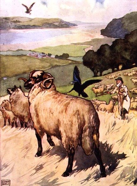 Orzeł i Wrona z „Bajek Ezopa”, wyd. Raphael Tuck & Sons Ltd., Londyn (ilustracja książkowa) autorstwa John Edwin Noble