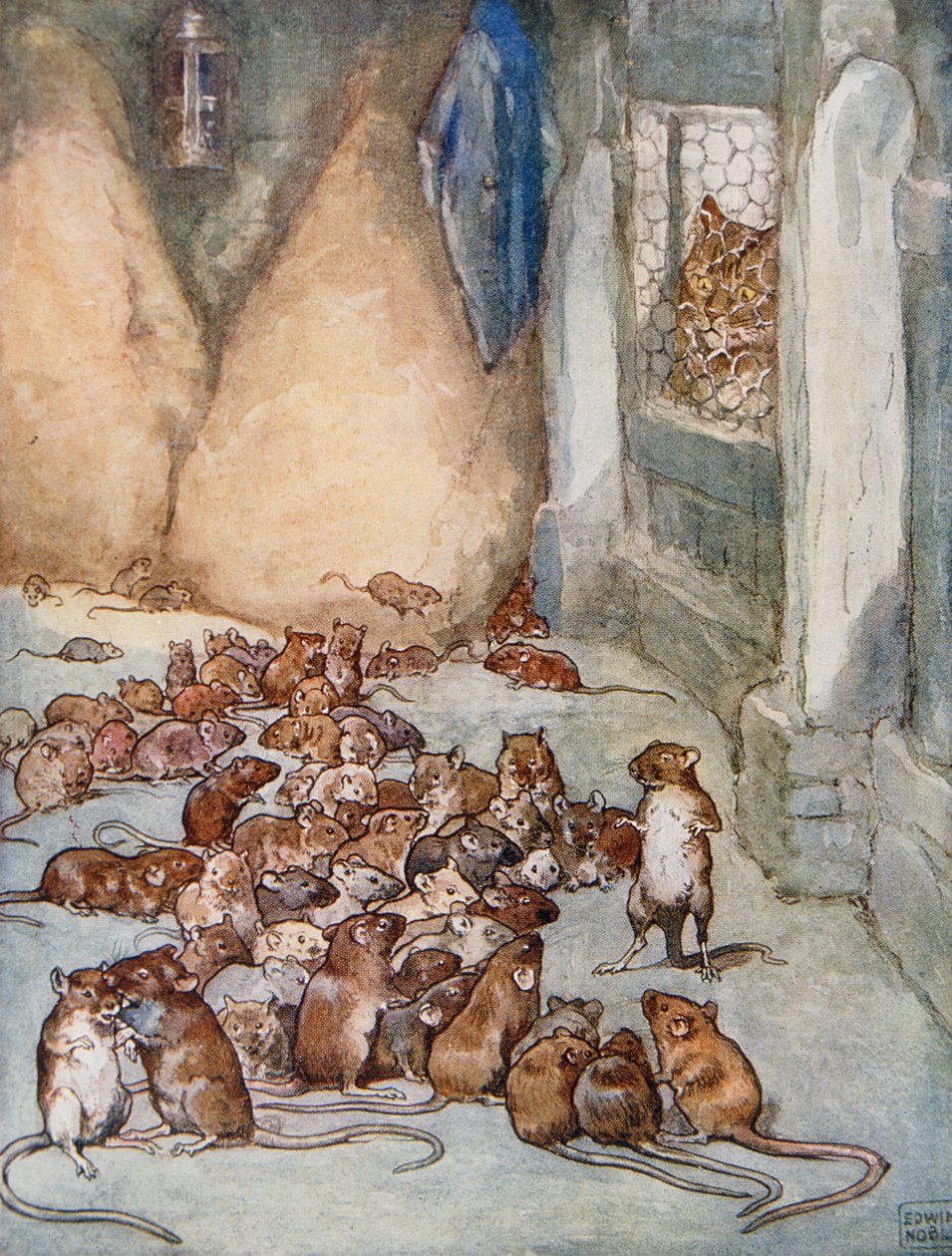Myszy w Radzie z „Bajek Ezopa”, wyd. Raphael Tuck & Sons Ltd., Londyn (ilustracja książkowa) autorstwa John Edwin Noble