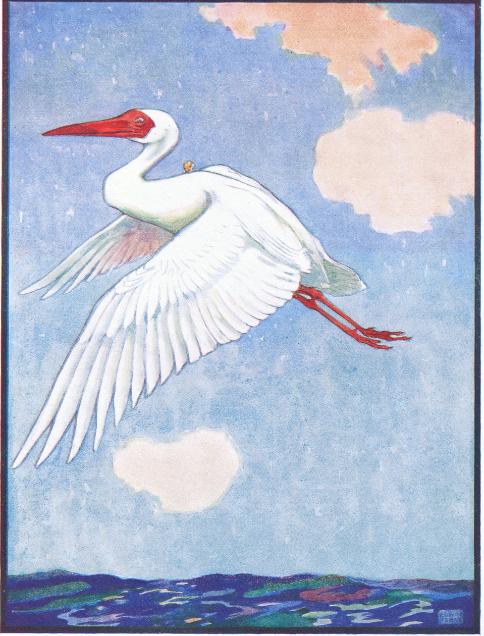 „Gdzie jest ten motyl”, Wondered the Crane, ilustracja do „Reynard the Fox”, z „Animal Legends from Many Lands”, wydanej przez Raphael Tuck & Son Ltd. (kolor lito) autorstwa John Edwin Noble