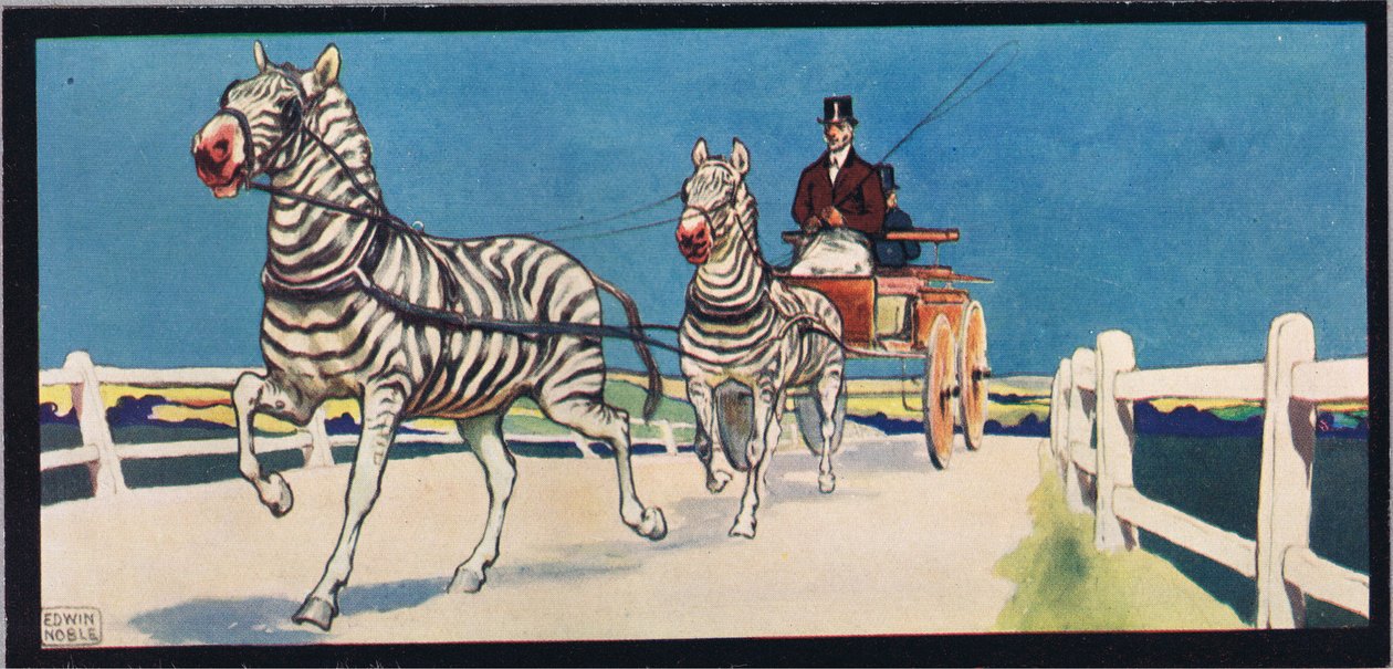 Zebry ciągnące wóz, ilustracja z „Pomocnicy bez rąk” Gladys Davidson, wydanej w 1919 r. (kolor litho) autorstwa John Edwin Noble