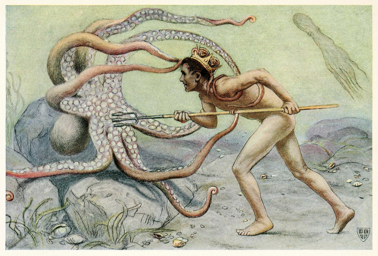 Był bardzo odważny i silny… i walczył z wielką ośmiornicą z Wielkiego Konika Morskiego, 1909. autorstwa John Elliot
