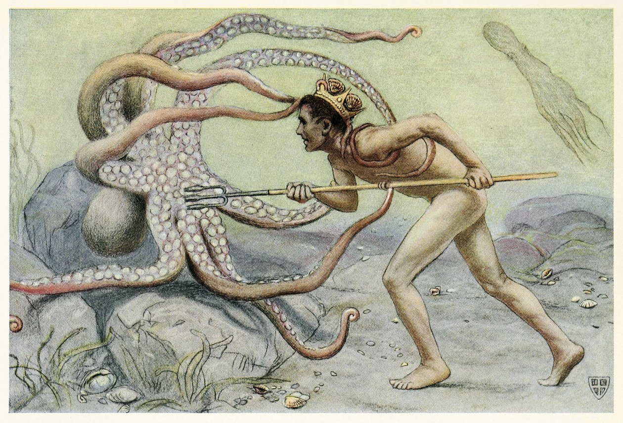 Był bardzo odważny i silny, ? i walczył z wielką ośmiornicą z The Great Sea Horse, wyd. 1909 autorstwa John Elliot