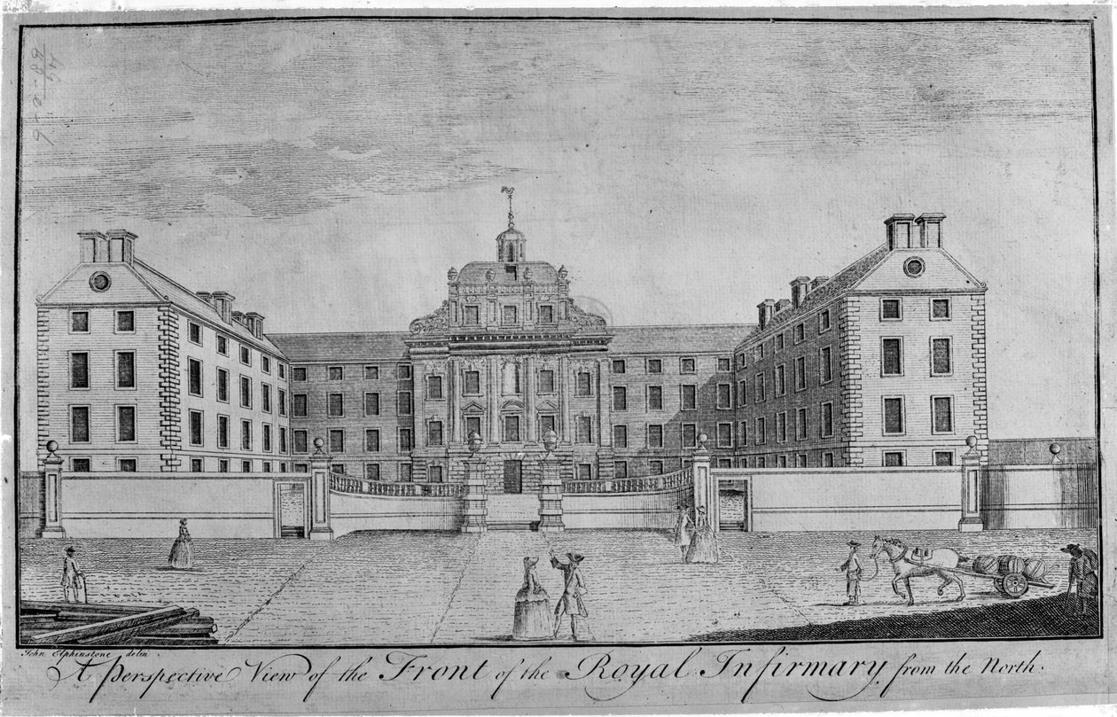 Widok perspektywiczny frontu Królewskiej Infirmerii od północy, ok.1746 autorstwa John Elphinstone