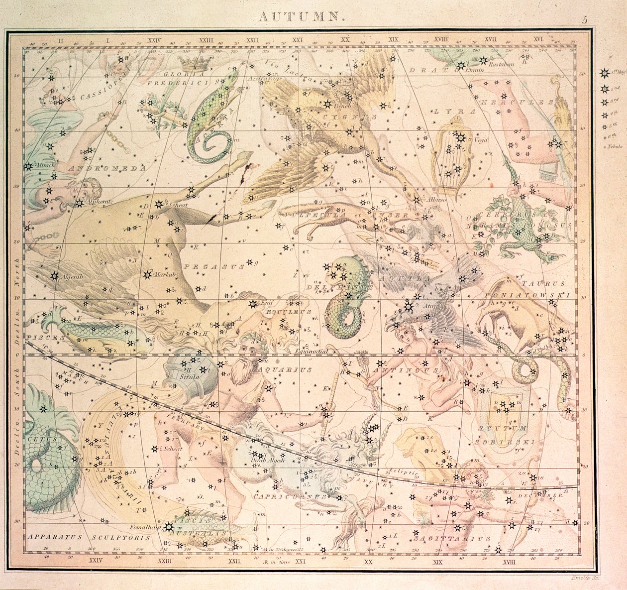 Wykres nieba: jesień, przedstawiający znaki zodiaku i pozycje gwiazd (grawerunek) autorstwa John Emslie