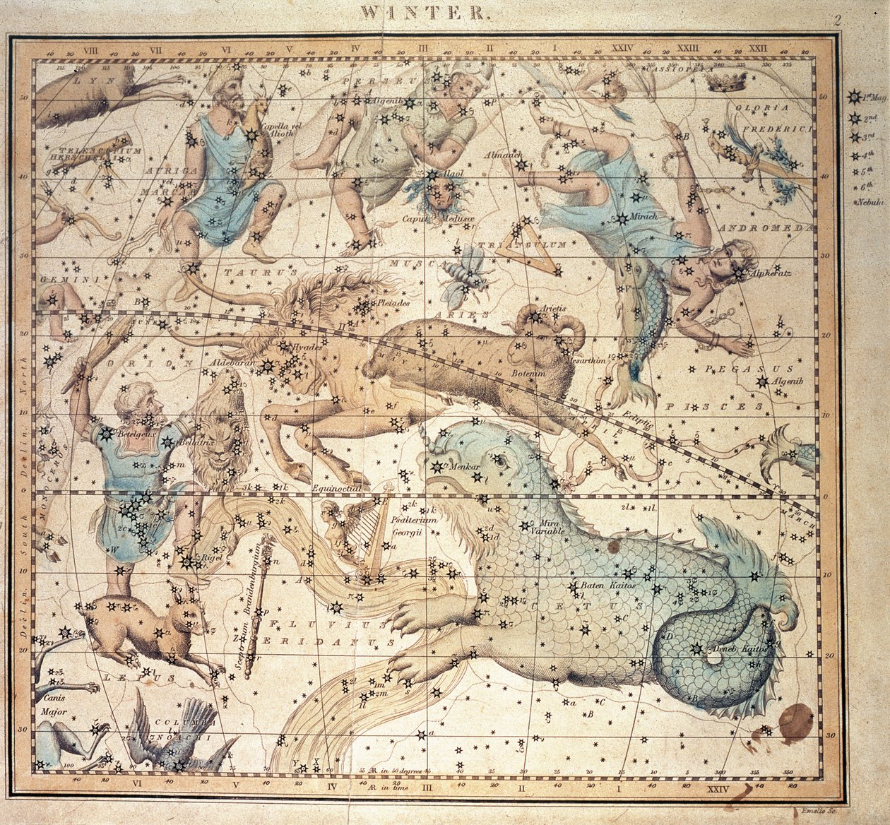 Wykres nieba: zima, przedstawiający znaki zodiaku i pozycje gwiazd (grawerunek) autorstwa John Emslie