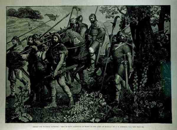 Projekt gobelinu Windsor: Men of Kent maszerujący przed armią Harolda, z The Illustrated London News, 29 kwietnia 1882 autorstwa John Evan Hodgson