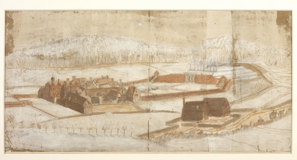 Dodać. 78610.(h) Widok Wotton z ogrodem, grotą i okolicami od zachodniego narożnika, ok.1650 (pióro i atrament z kredką i płynem) 215x435mm  John Evelyn  1650? autorstwa John Evelyn