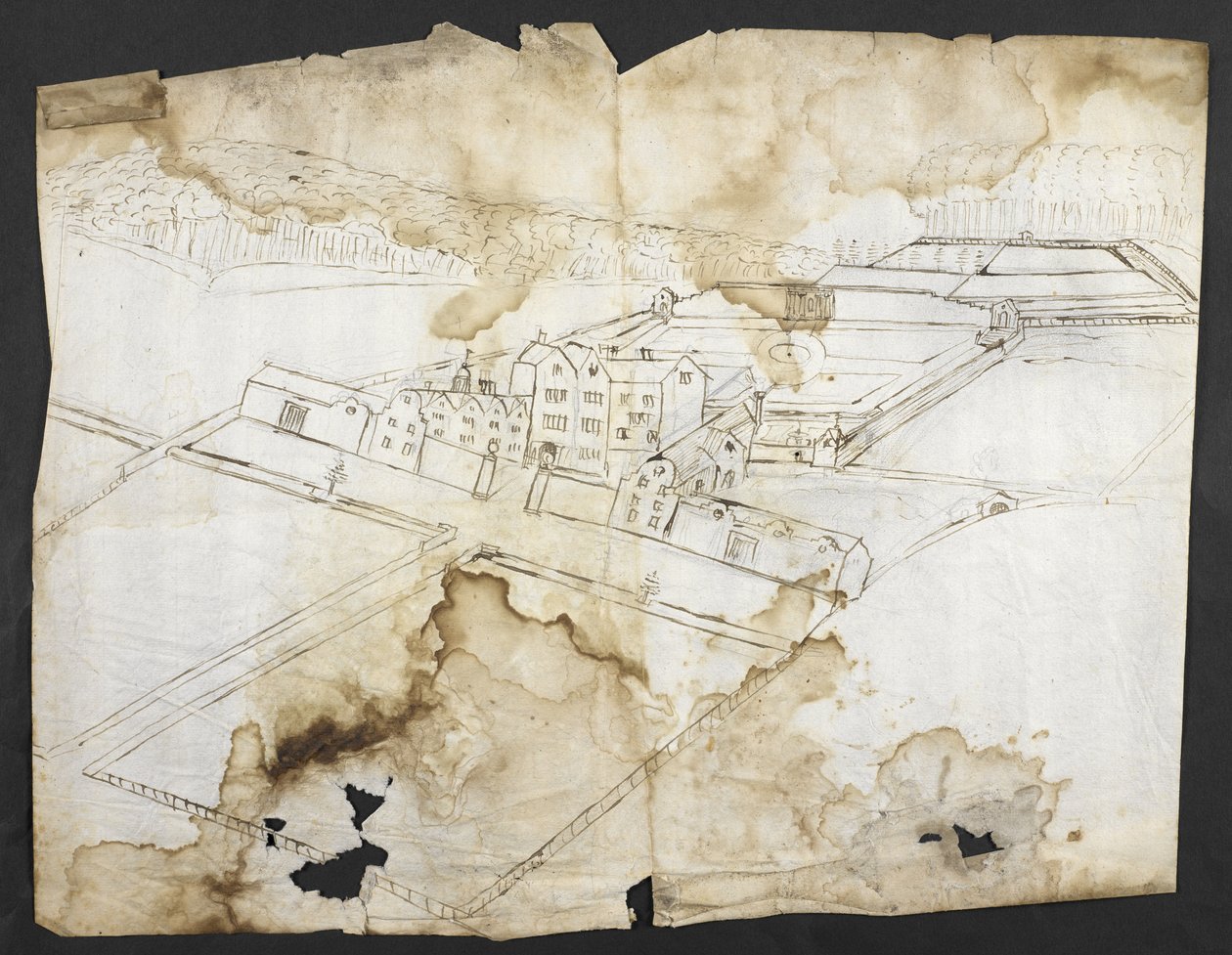 Dodać. 78610 (i) Perspektywa Wotton z ogrodem, grotą i okolicami od północnego zachodu, ok. 1650 (pióro i atrament na papierze) autorstwa John Evelyn