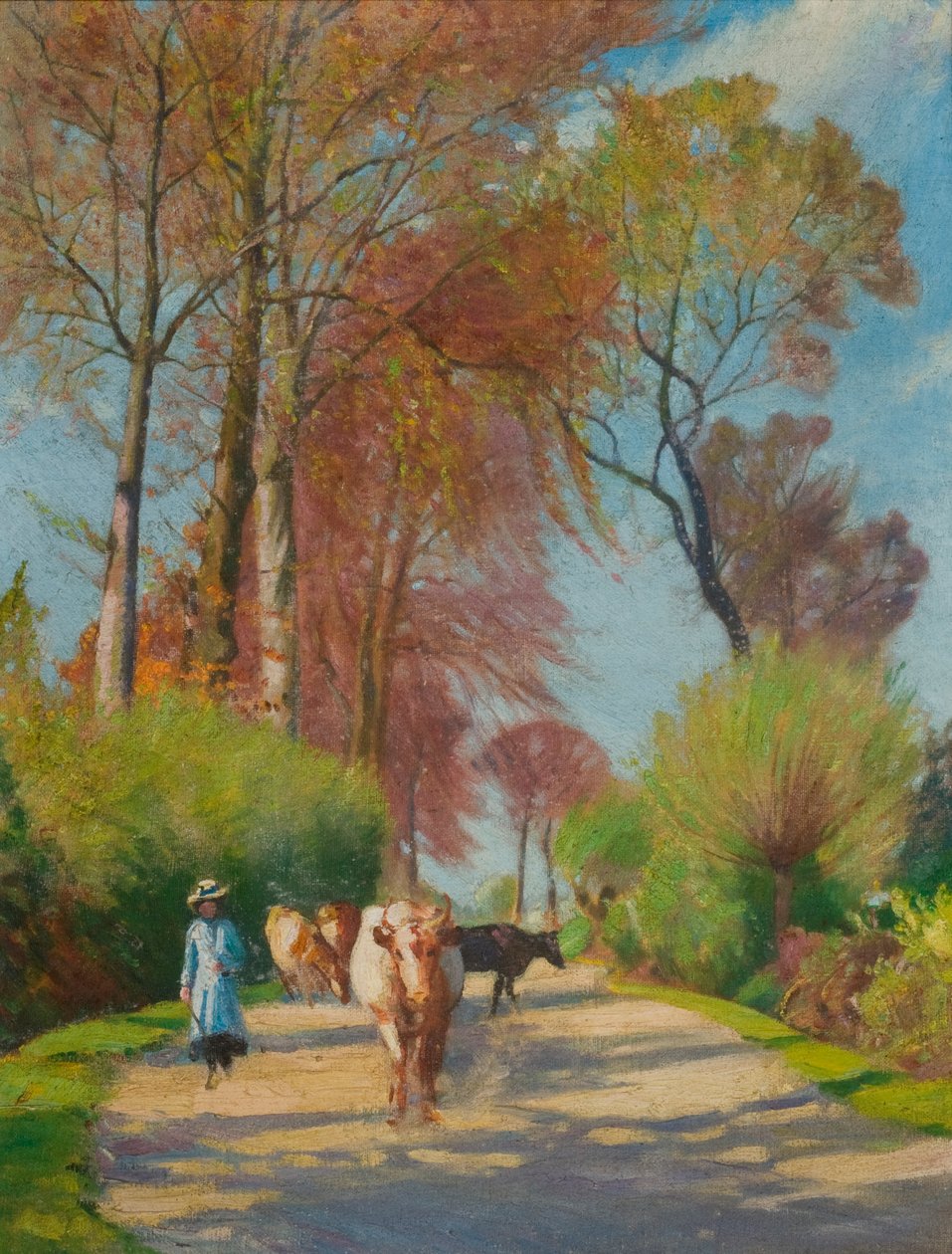 Country Lane z figurą i krową (olej na pokładzie) autorstwa John Everett