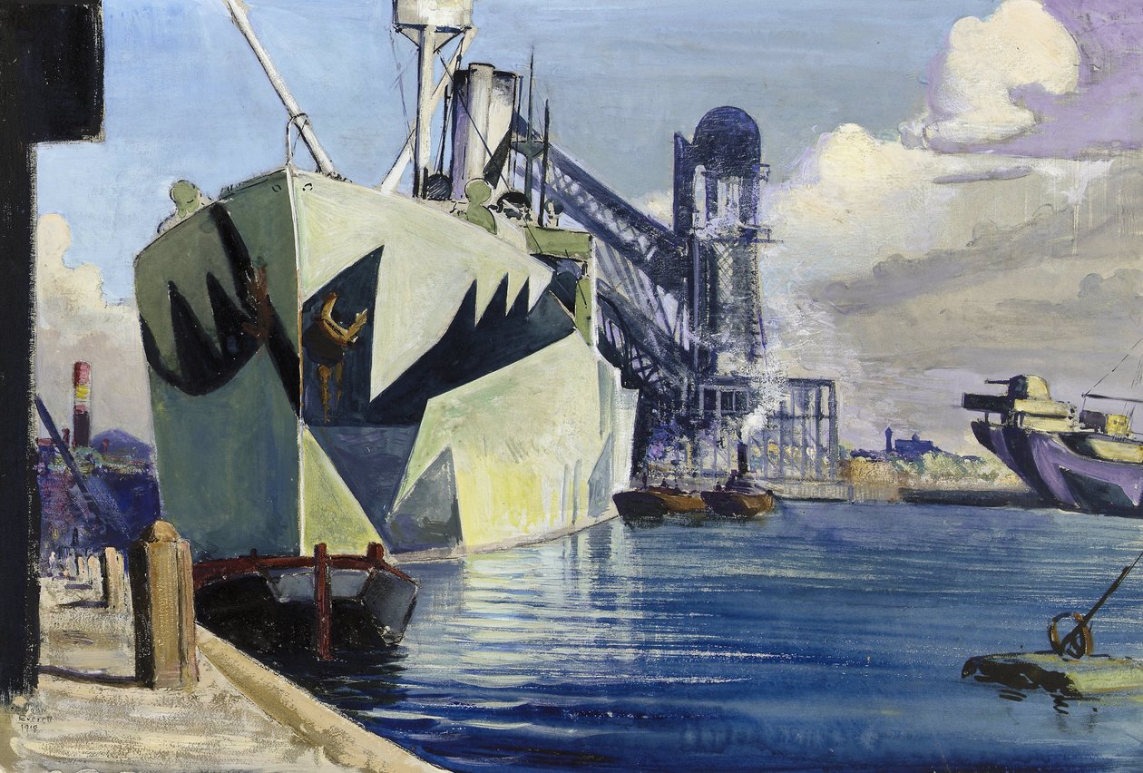 Dock Canada w Liverpoolu z zakotwiczonym okrętem wojennym, pomalowanym w kolorowy kamuflaż. Obraz autorstwa Herberta Barnarda Johna Everetta (1876-1949) autorstwa John Everett
