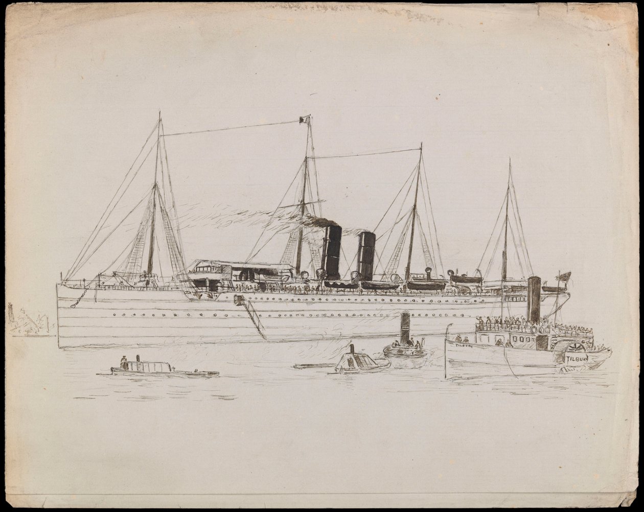 PAH1225; Statek parowy w pobliżu wybrzeża z holownikiem obok. Liniowiec pasażerski z holownikiem i parowiec wiosłowy Tilbury w pobliżu (rysunek) autorstwa John Everett