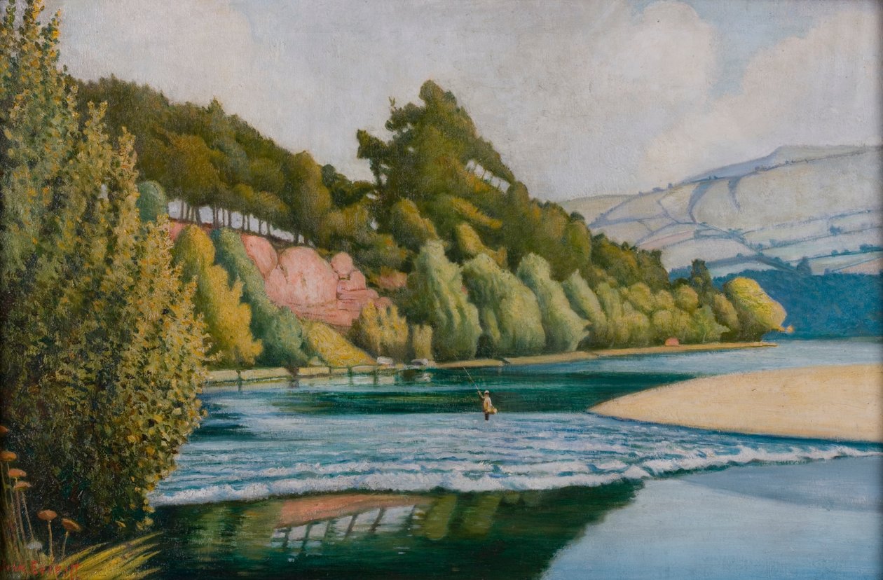 Scena rzeczna z rybakiem (olej na płótnie) autorstwa John Everett